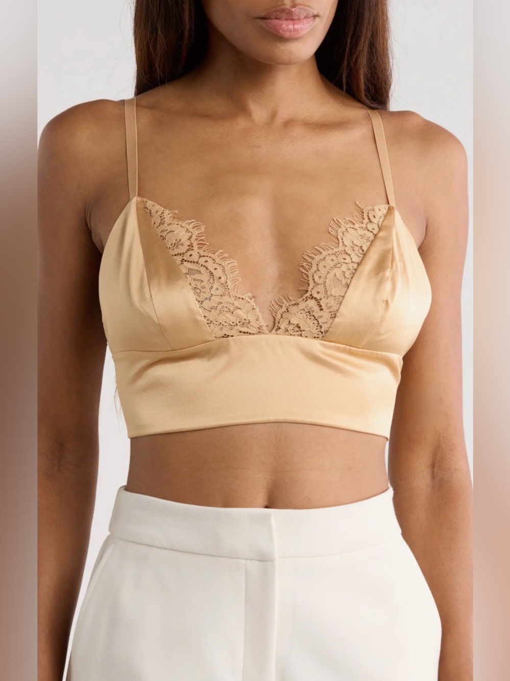 NWT L'AGENCE Ginger Lace Trim Silk Bralette in Color: Latte